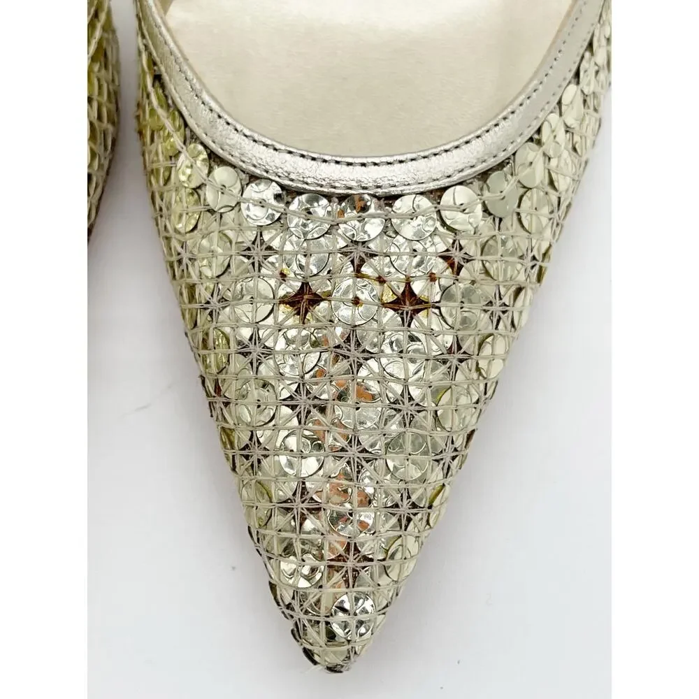 Manolo Blahnik Carolmour Gold Leather Sequin Pointed Toe Slingback Heels IT 35.5
